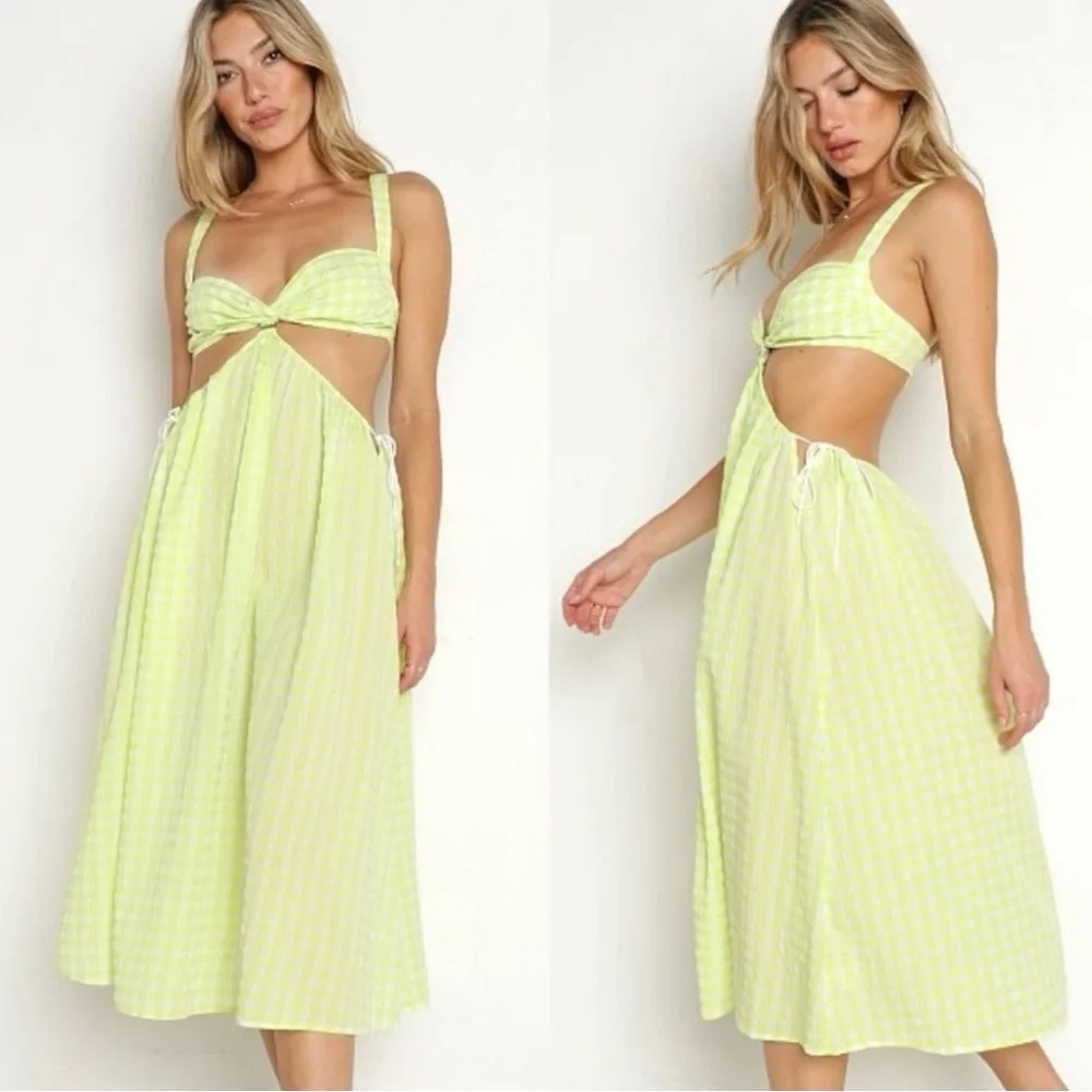 NWT For Love & Lemons Maureen Midi‎ Dress Green Gingham Cutout Tie Back, Size L - Picture 2 of 10